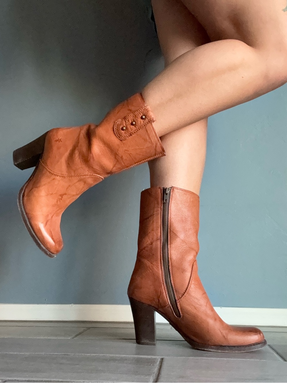 Frye Cognac Leather Mid-Calf Heeled Boots